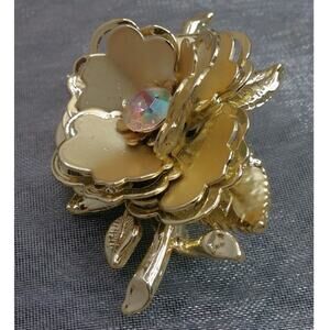 Vintage Floral Brooch Branch Cut out Leaves AB Rhinestone MCM Dogwood 3D Pin